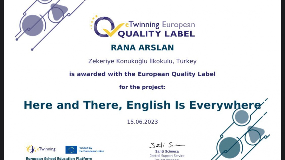 İngilizce Öğretmenlerimizden Rana ARSLAN'ın yürüttüğü eTwinning Projesi Avrupa Kalite Etiketi aldı.