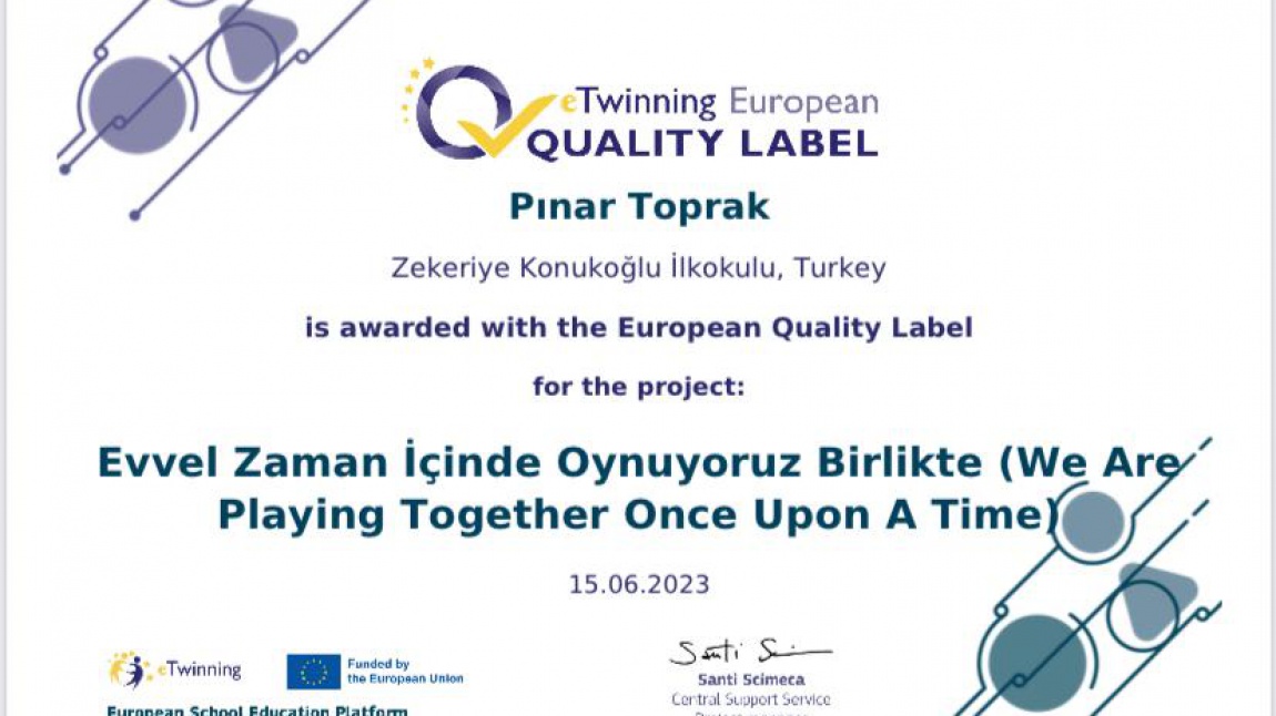 İngilizce Öğretmenimizden Pınar TOPRAK'ın yürüttüğü eTwinning Projesi Avrupa Kalite Etiketi aldı.